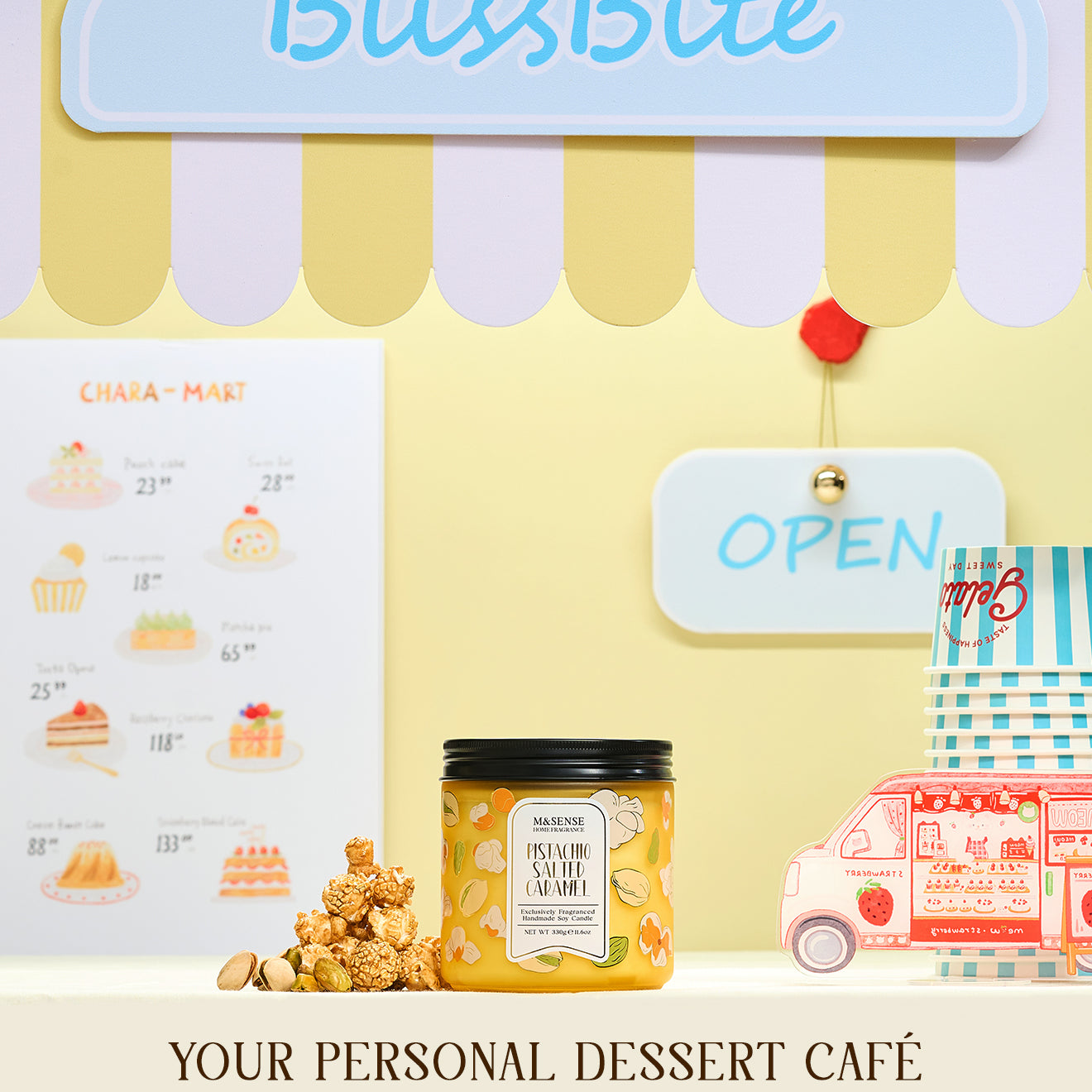 BlissBite dessert-themed product with a small store setup and 'Open' sign.