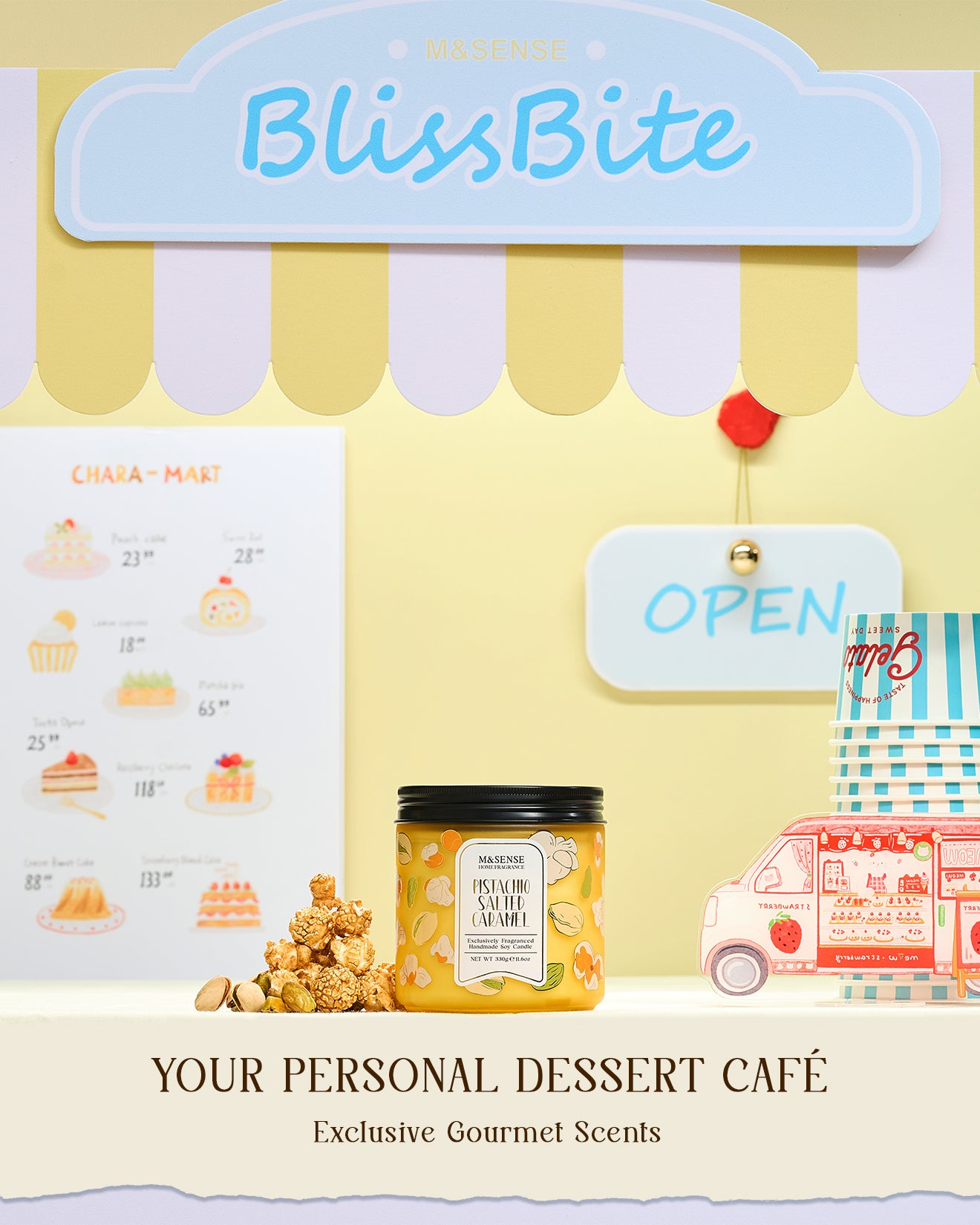 BlissBite dessert-themed product with a small store setup and 'Open' sign.