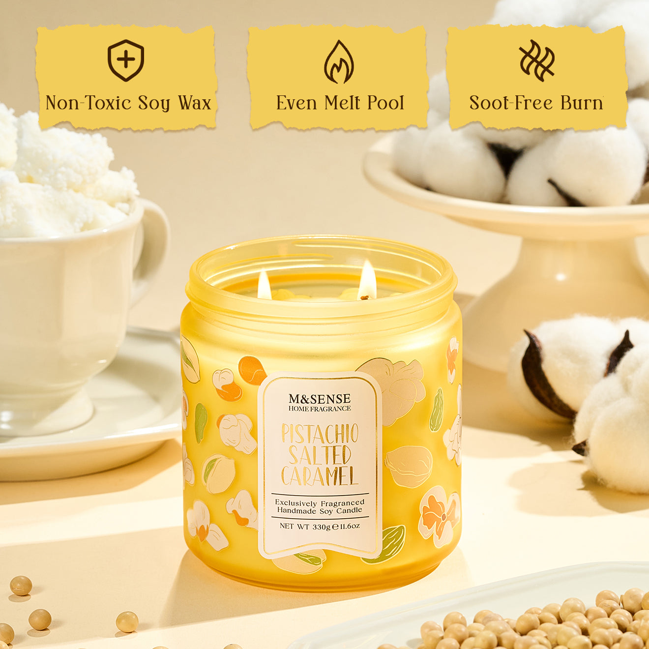 Candle with a label on a neutral background, featuring text about candle properties.