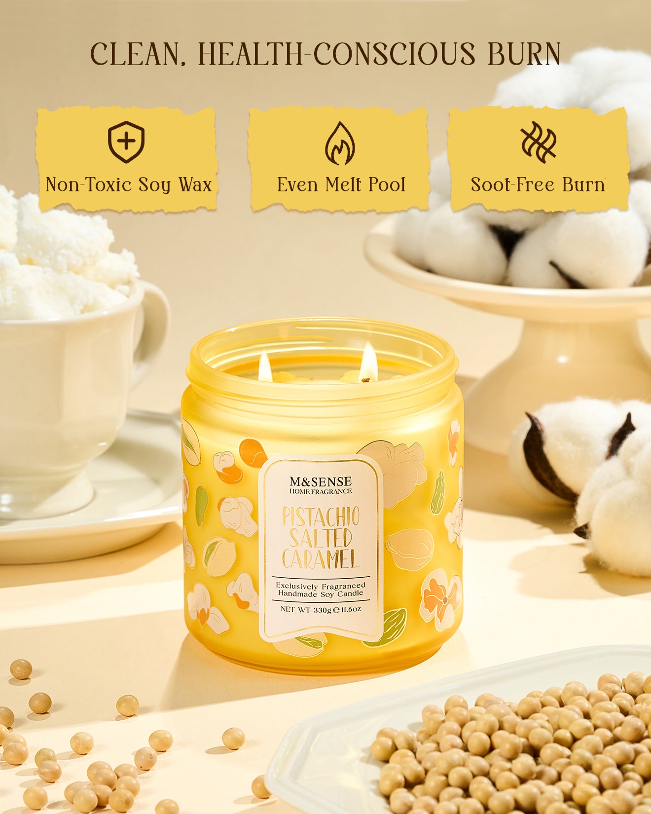 Candle with a label on a neutral background, featuring text about candle properties.