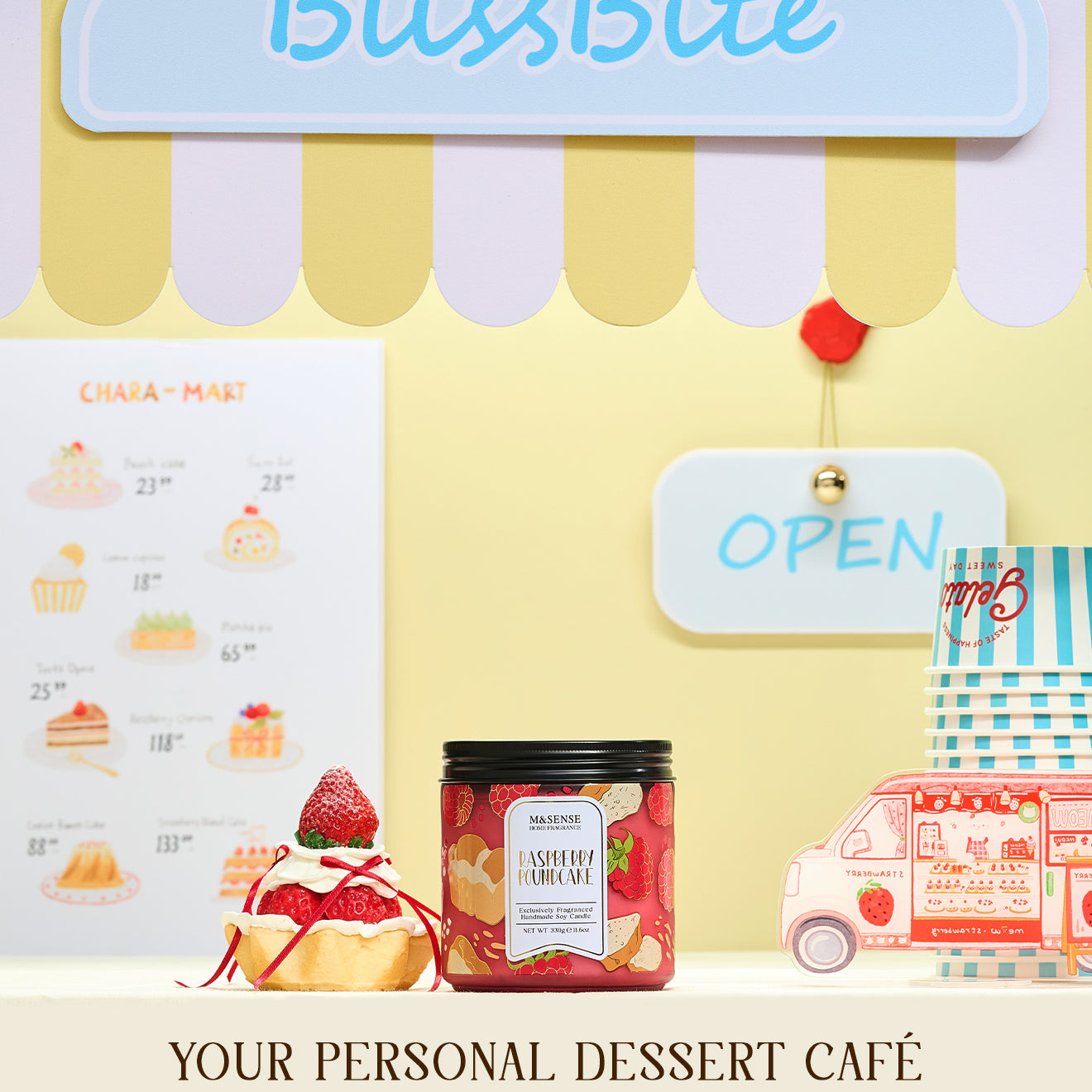 BlissBite dessert-themed product with a 'Your Personal Dessert Café' theme on a yellow background.