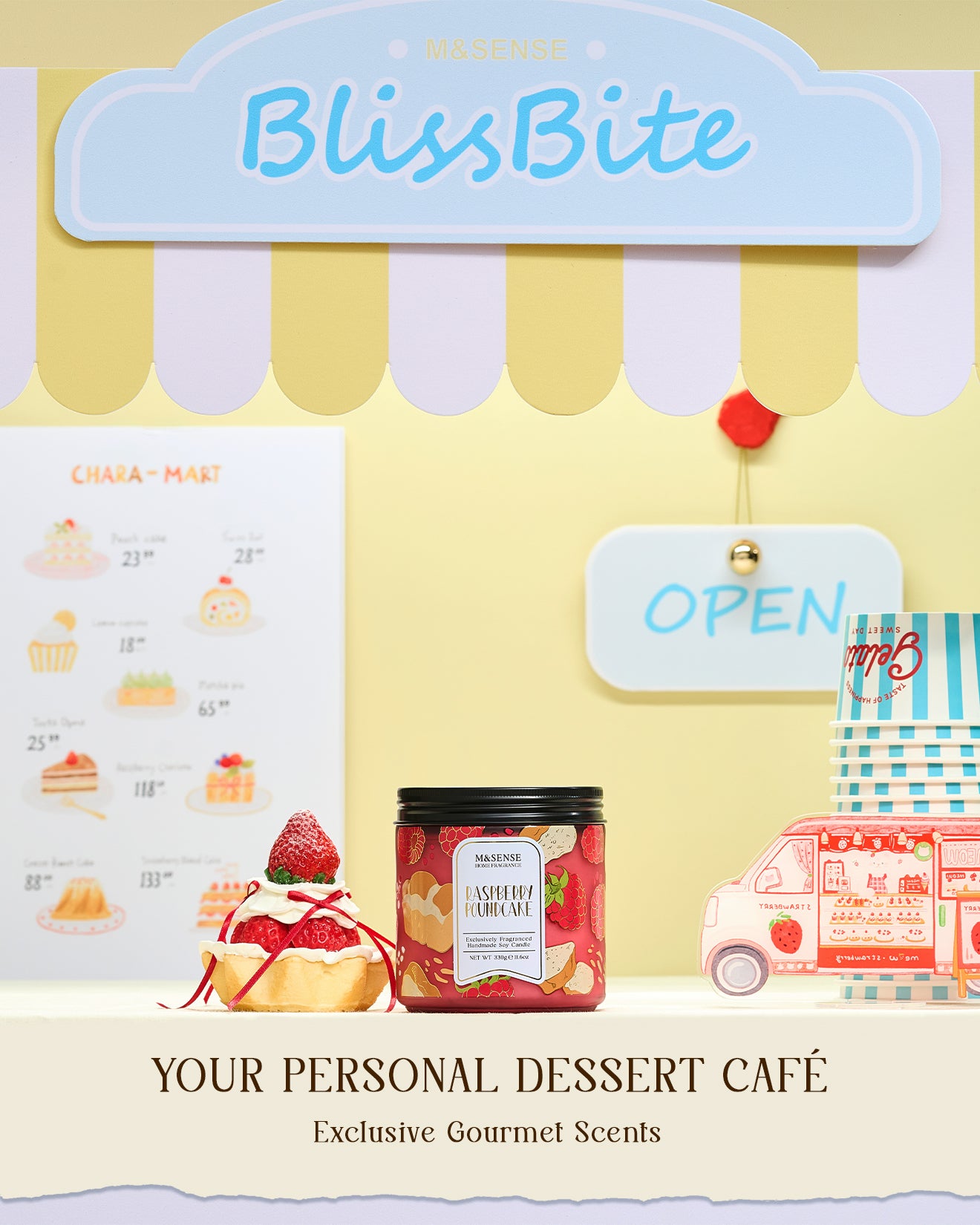 BlissBite dessert-themed product with a 'Your Personal Dessert Café' theme on a yellow background.
