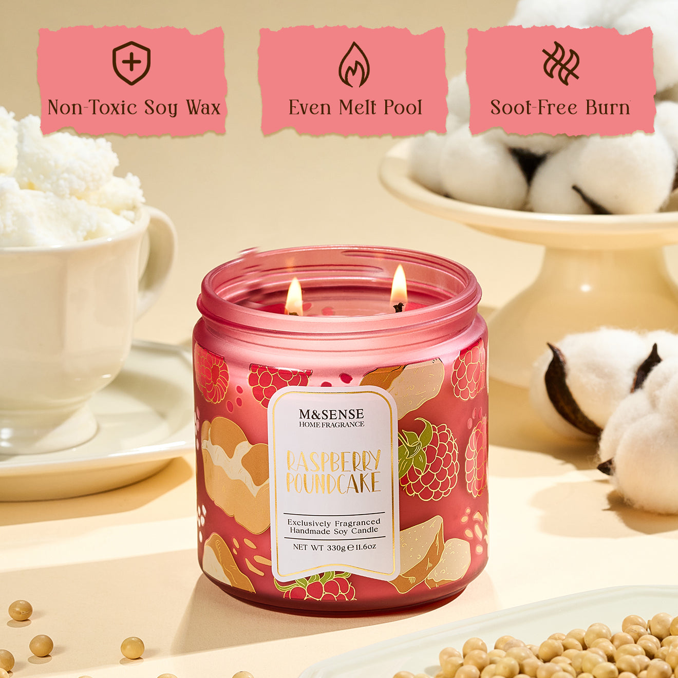 Pink candle in a jar with a label on a light background, featuring text about burn characteristics.