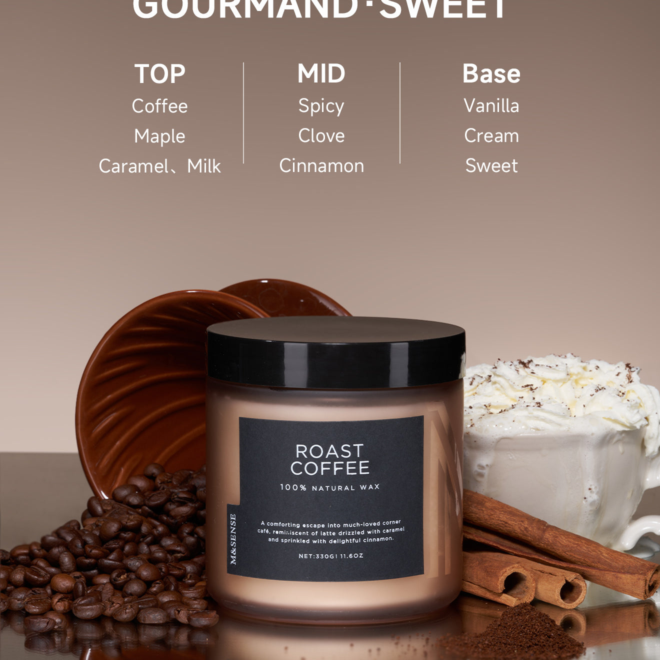 Roast Coffee scented candle with coffee bean, cinnamon sticks, and gourmet desserts fragrance.