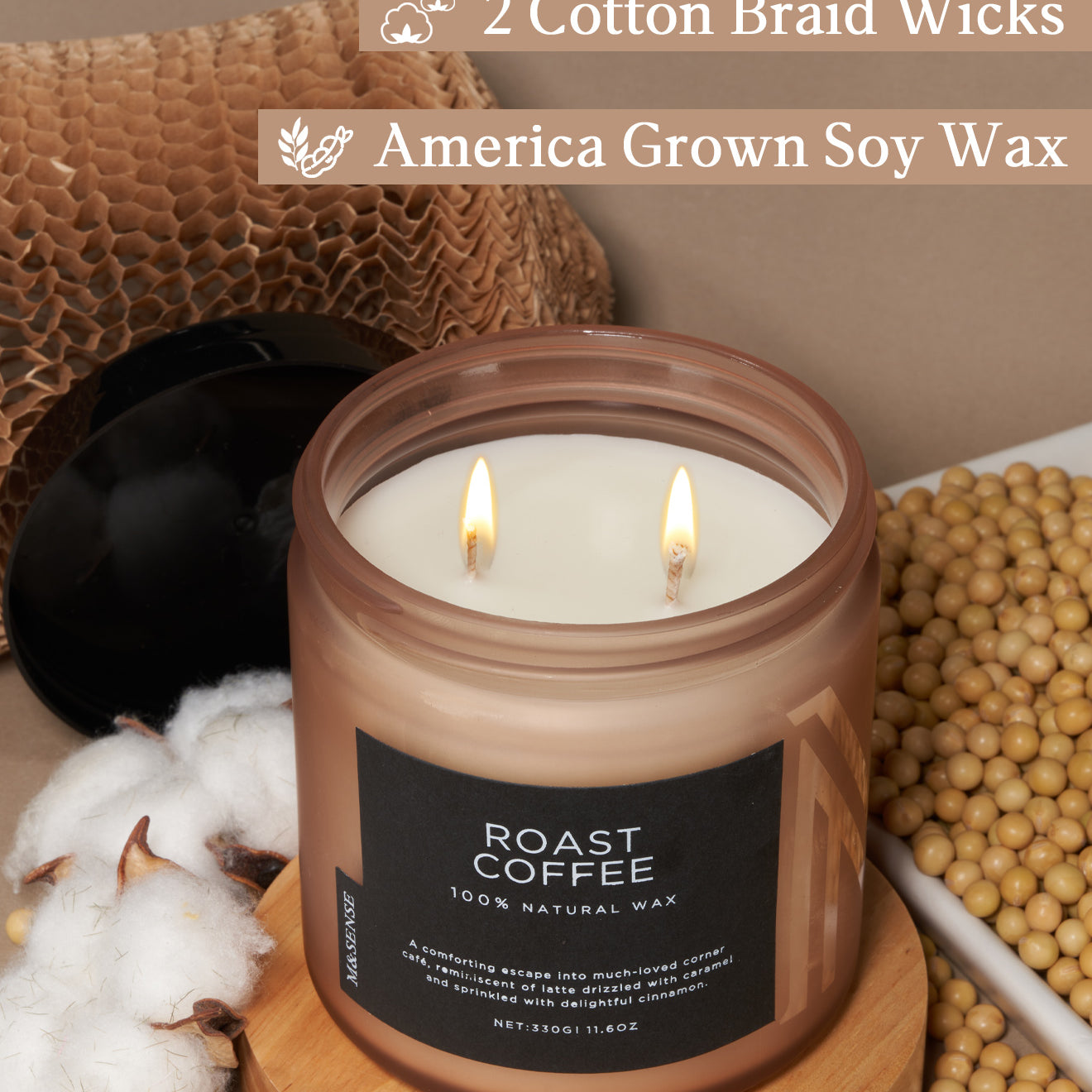 Natural Roast Coffee soy wax candle with cotton wick, shown with raw materials to highlight its eco-friendly composition.