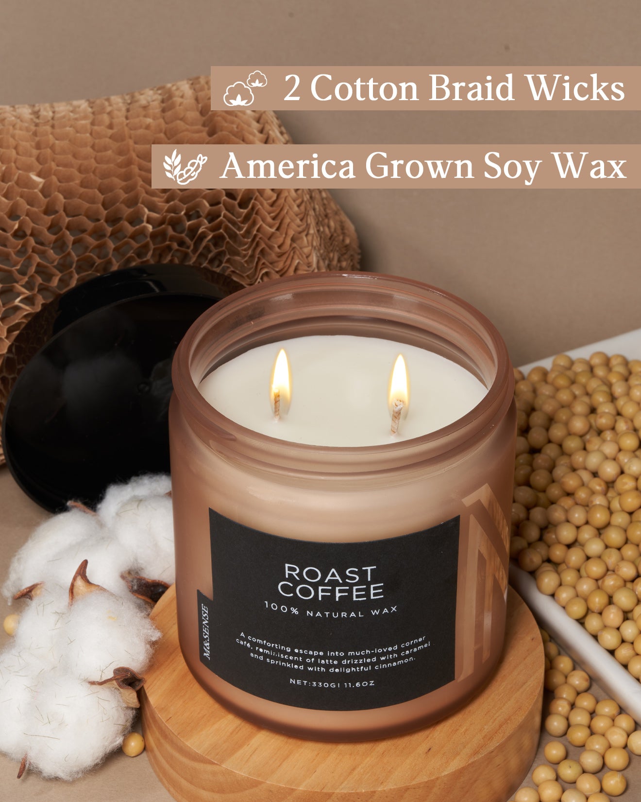 Natural Roast Coffee soy wax candle with cotton wick, shown with raw materials to highlight its eco-friendly composition.
