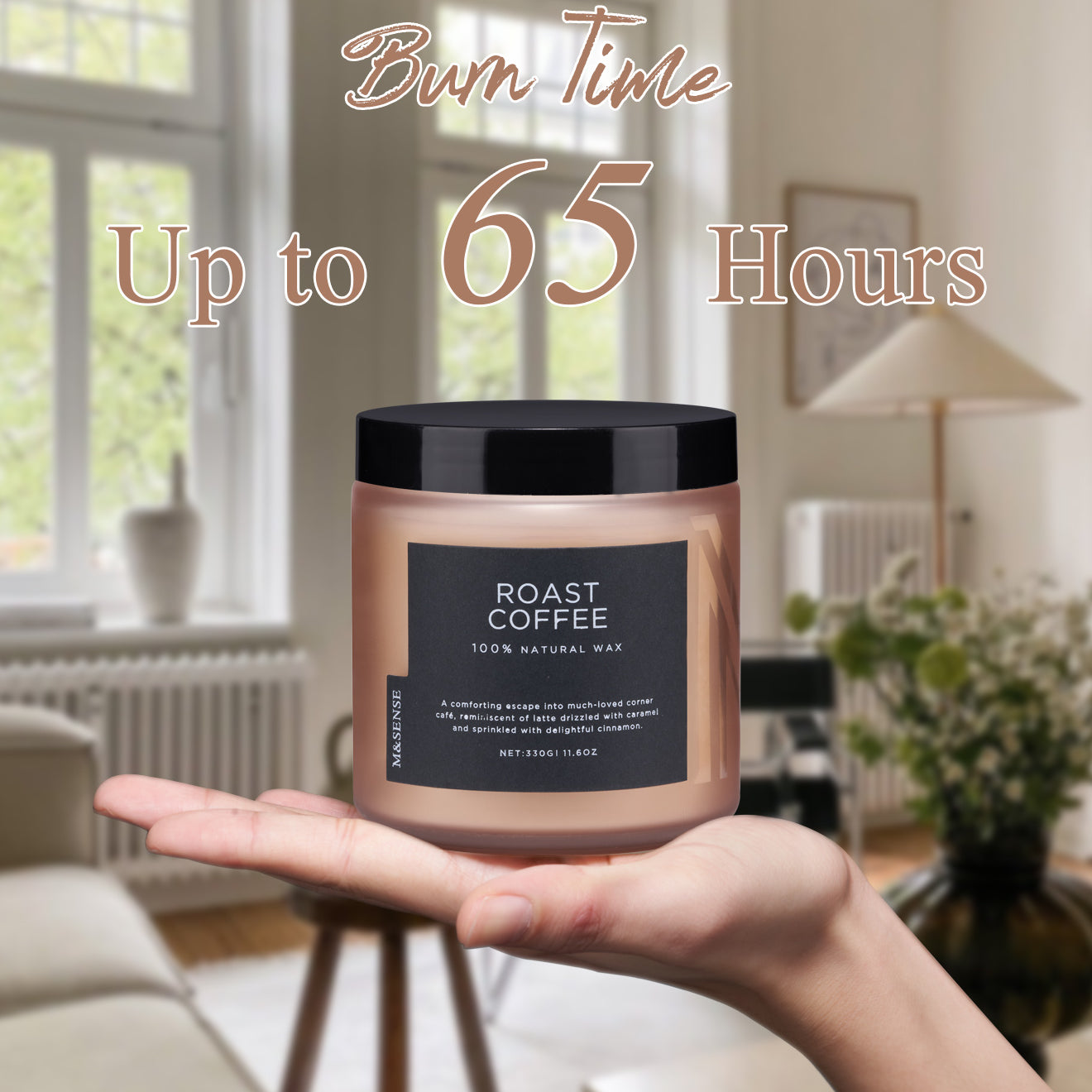 Hand holding a Roast Coffee candle with a 65-hour burn time, showcasing its coffee scent and natural wax.