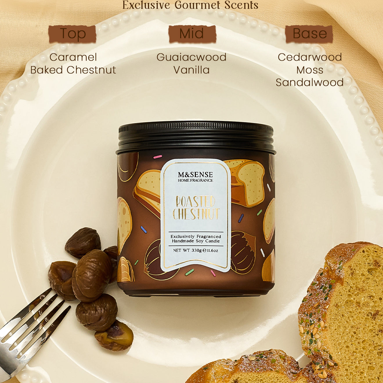 Másénse roasted chestnut scented candle on a plate with chestnuts and bread.