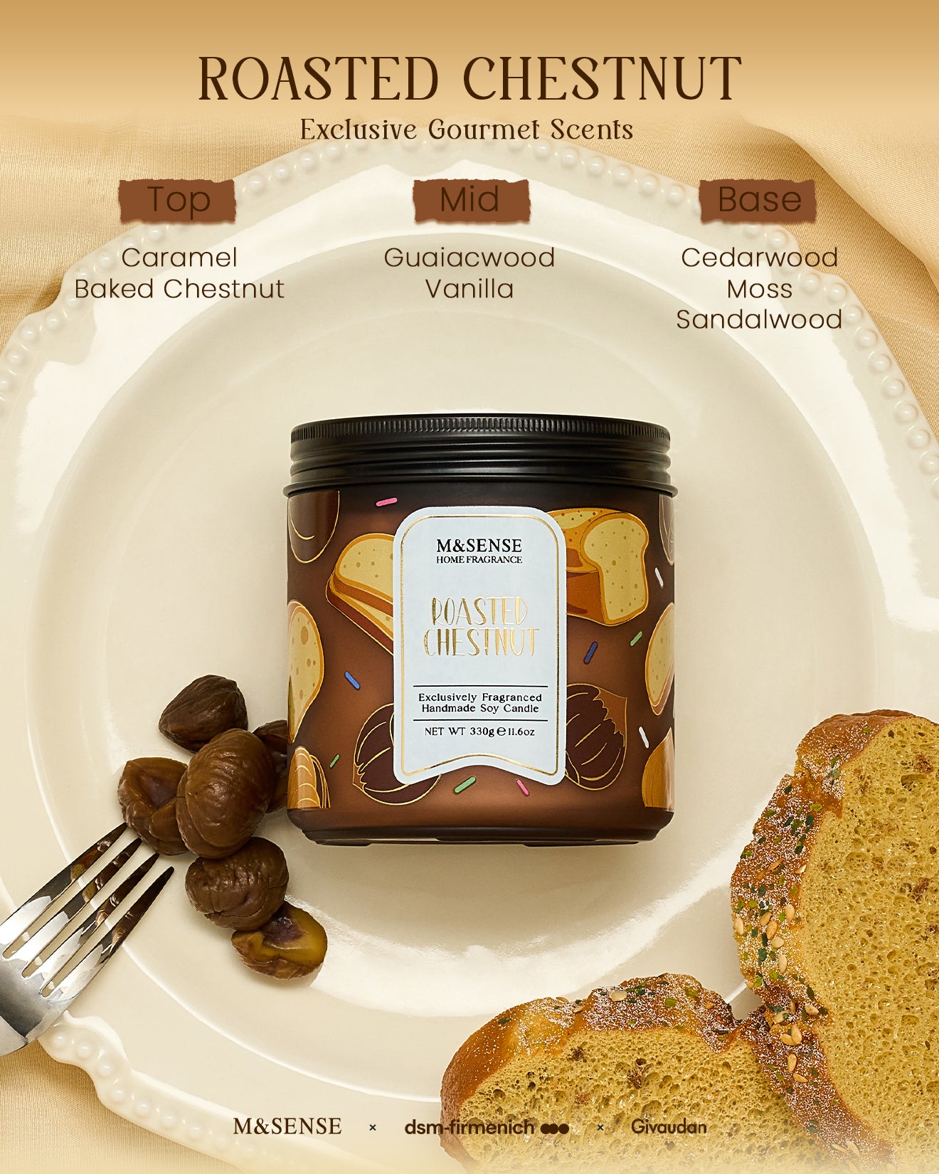 Másénse roasted chestnut scented candle on a plate with chestnuts and bread.