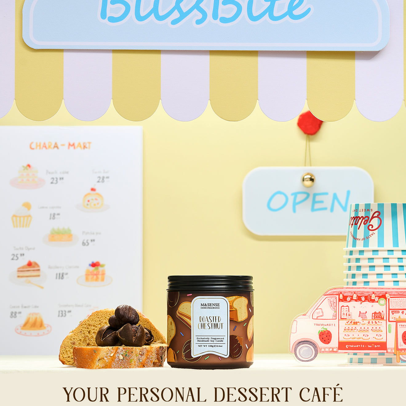 BlissBite dessert café setup with a jar of dessert and menu on a yellow background