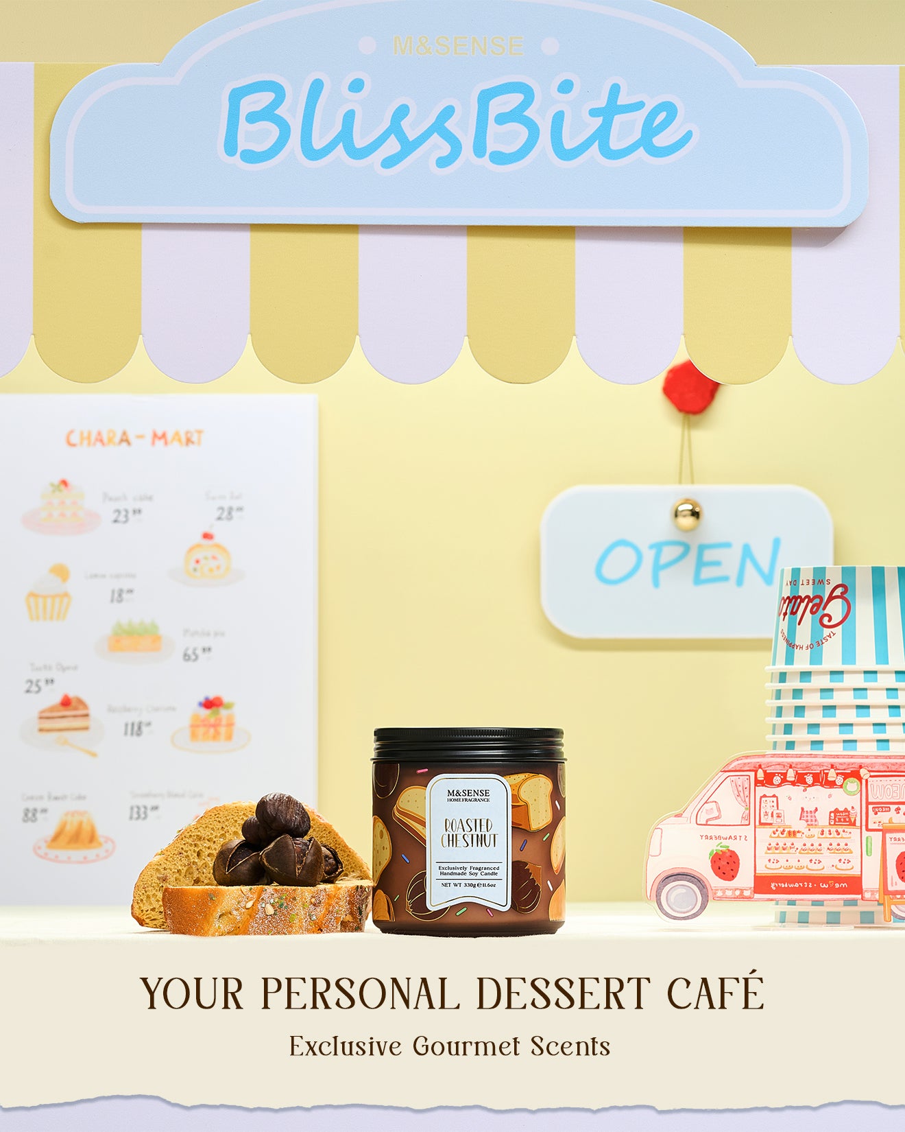 BlissBite dessert café setup with a jar of dessert and menu on a yellow background