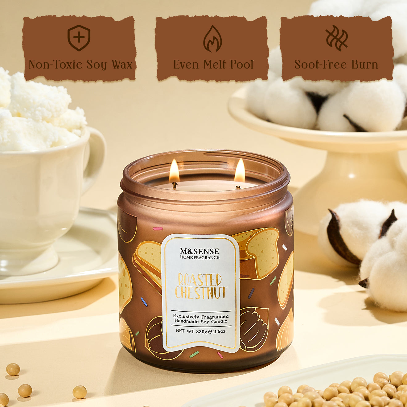 Candle with 'Blessed Delight' label on a neutral background with cotton and soybeans.