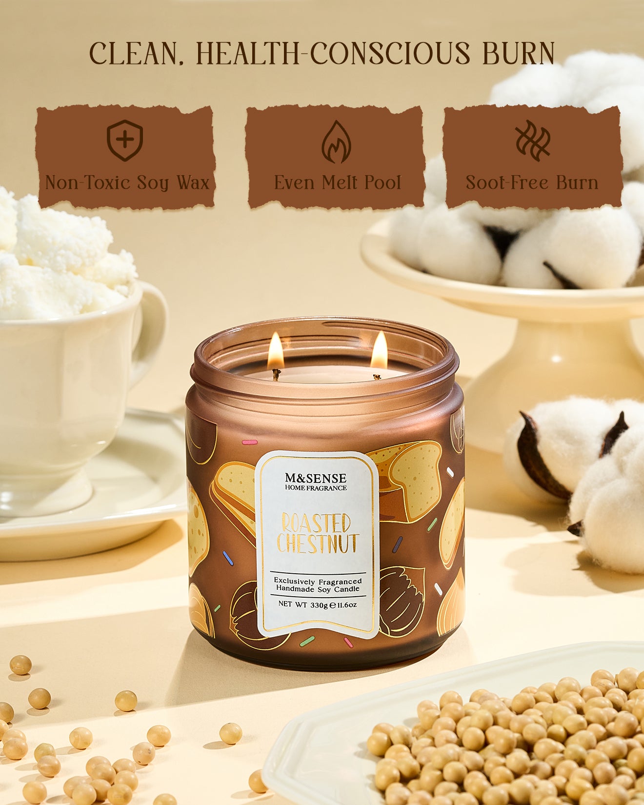Candle with 'Blessed Delight' label on a neutral background with cotton and soybeans.