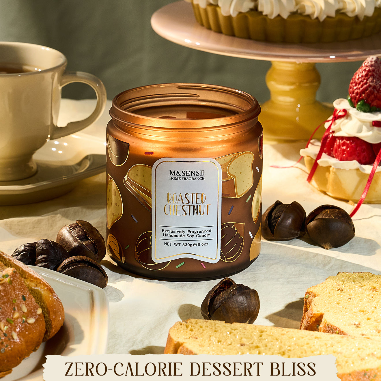 Candle with roasted chestnut flavor surrounded by desserts on a table