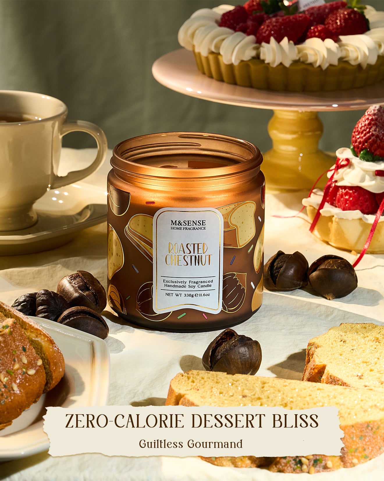Candle with roasted chestnut flavor surrounded by desserts on a table