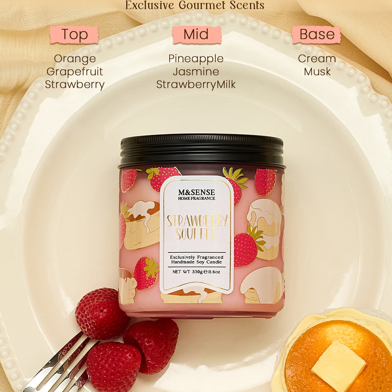 M&SSENSE Strawberry Souffle scented candle with ingredients labeled on a plate with berries and a pancake.