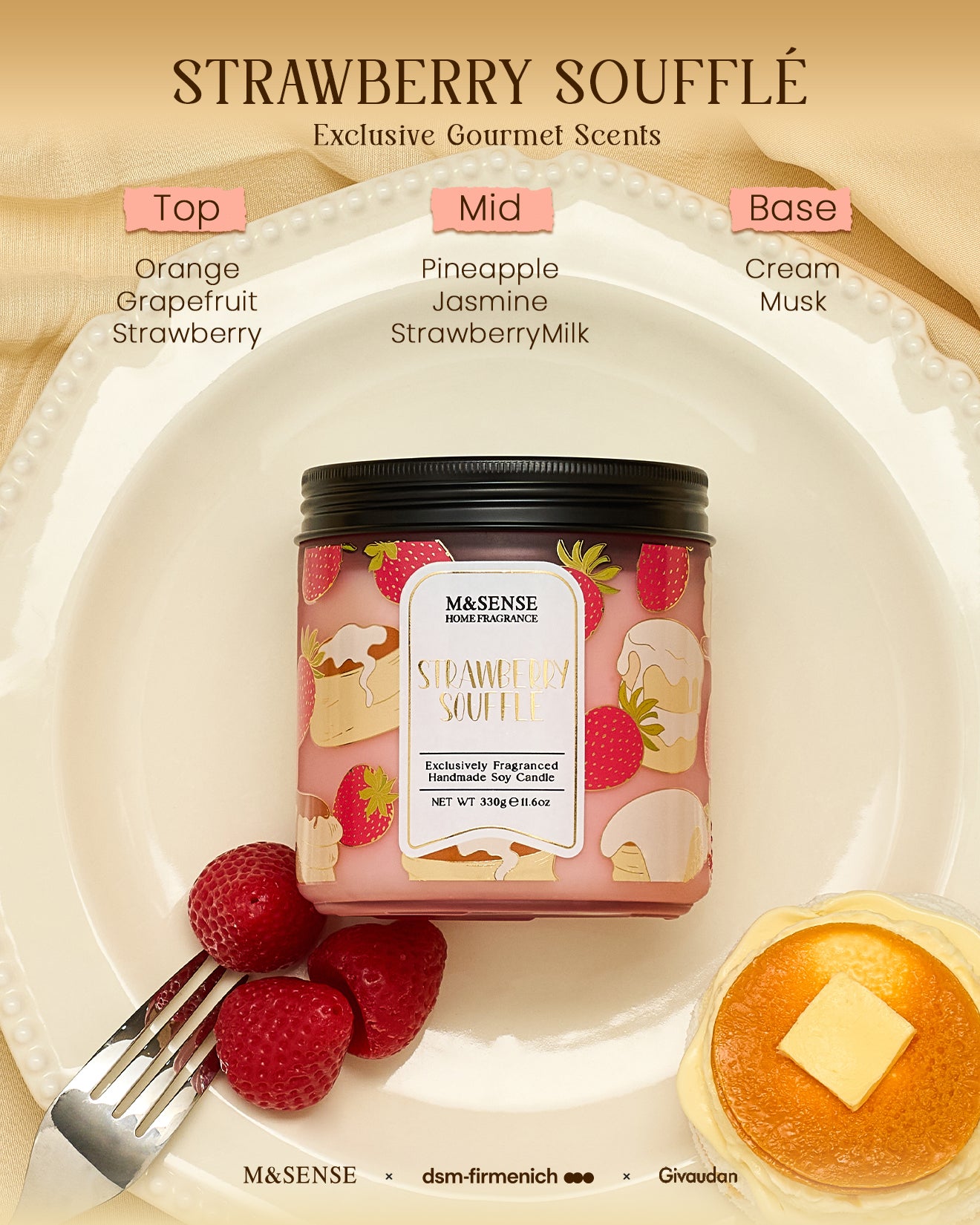M&SSENSE Strawberry Souffle scented candle with ingredients labeled on a plate with berries and a pancake.