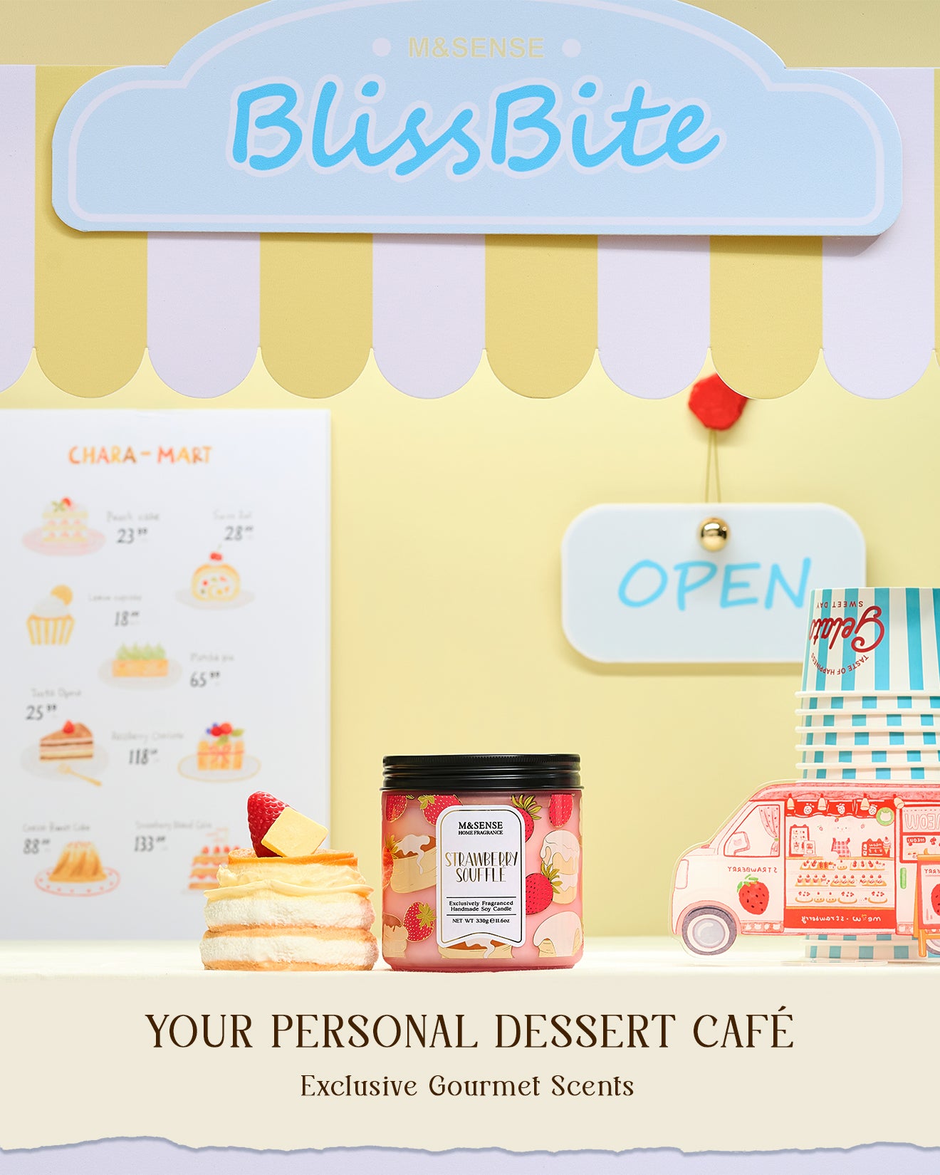 BlissBite dessert-themed product with a 'Your Personal Dessert Café' theme.