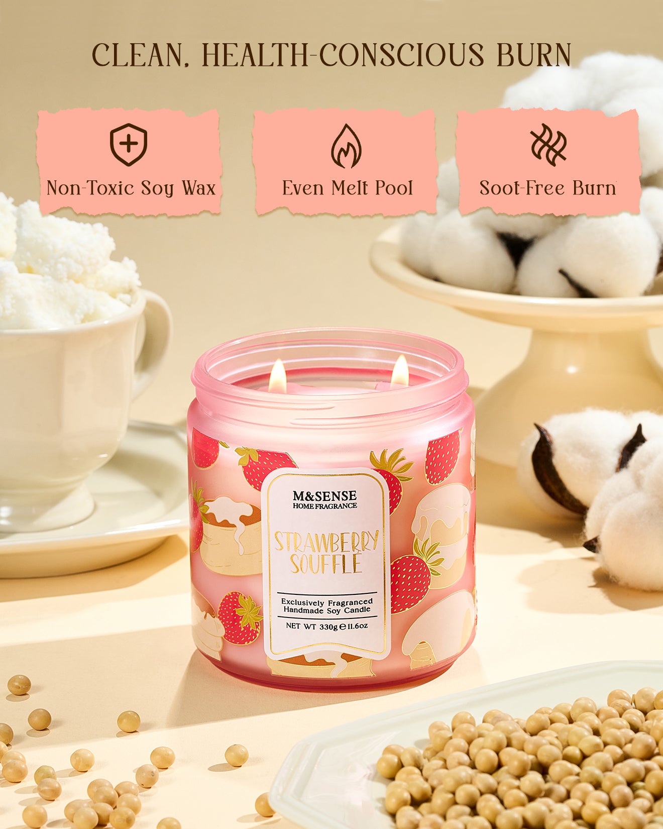 Candle with strawberry design on a light background