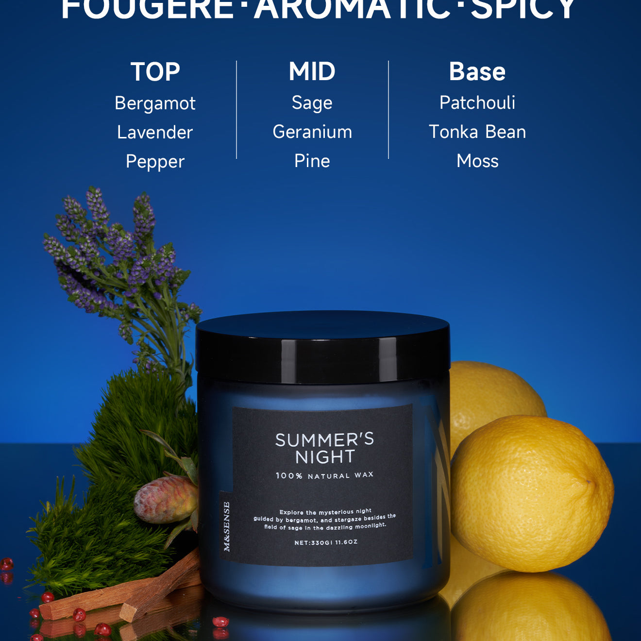 Summer's Night candle with fragrance notes, surrounded by lavender and lemon on a blue background.