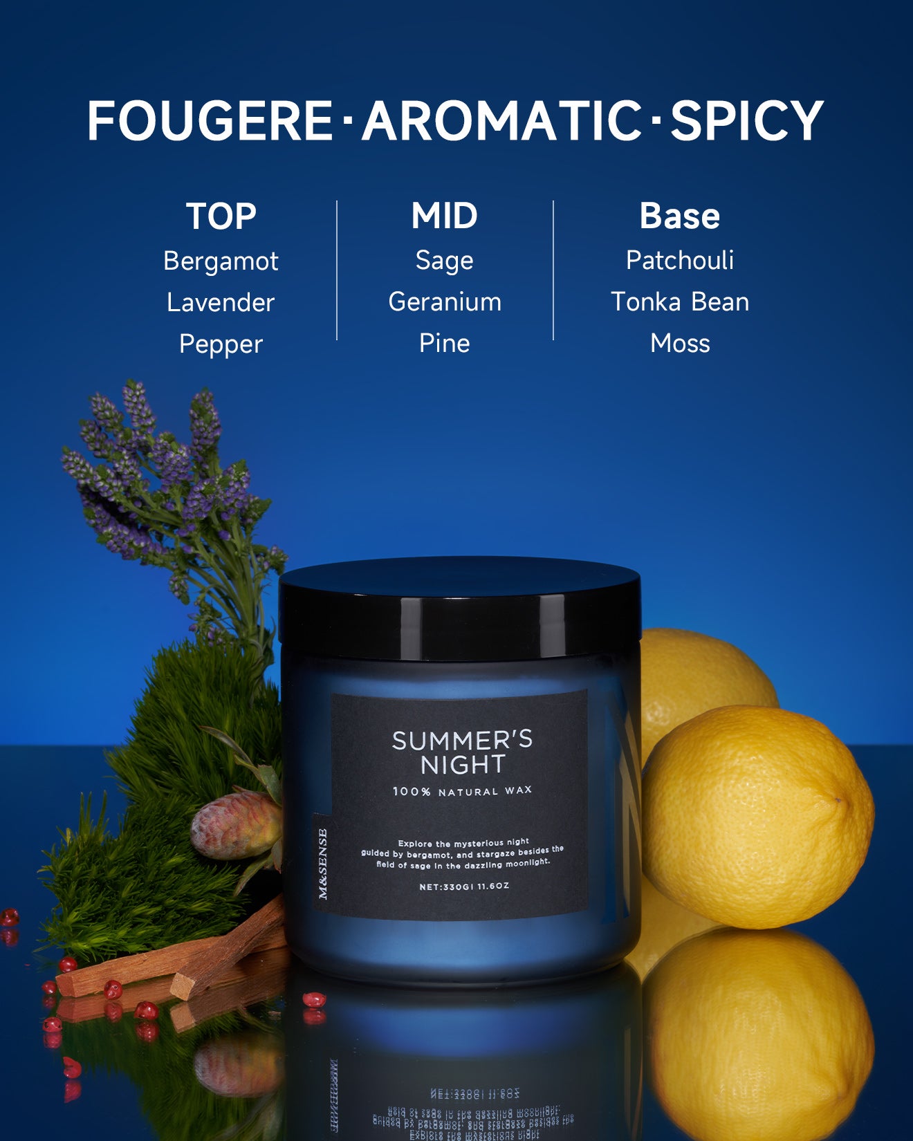 Summer's Night candle with fragrance notes, surrounded by lavender and lemon on a blue background.