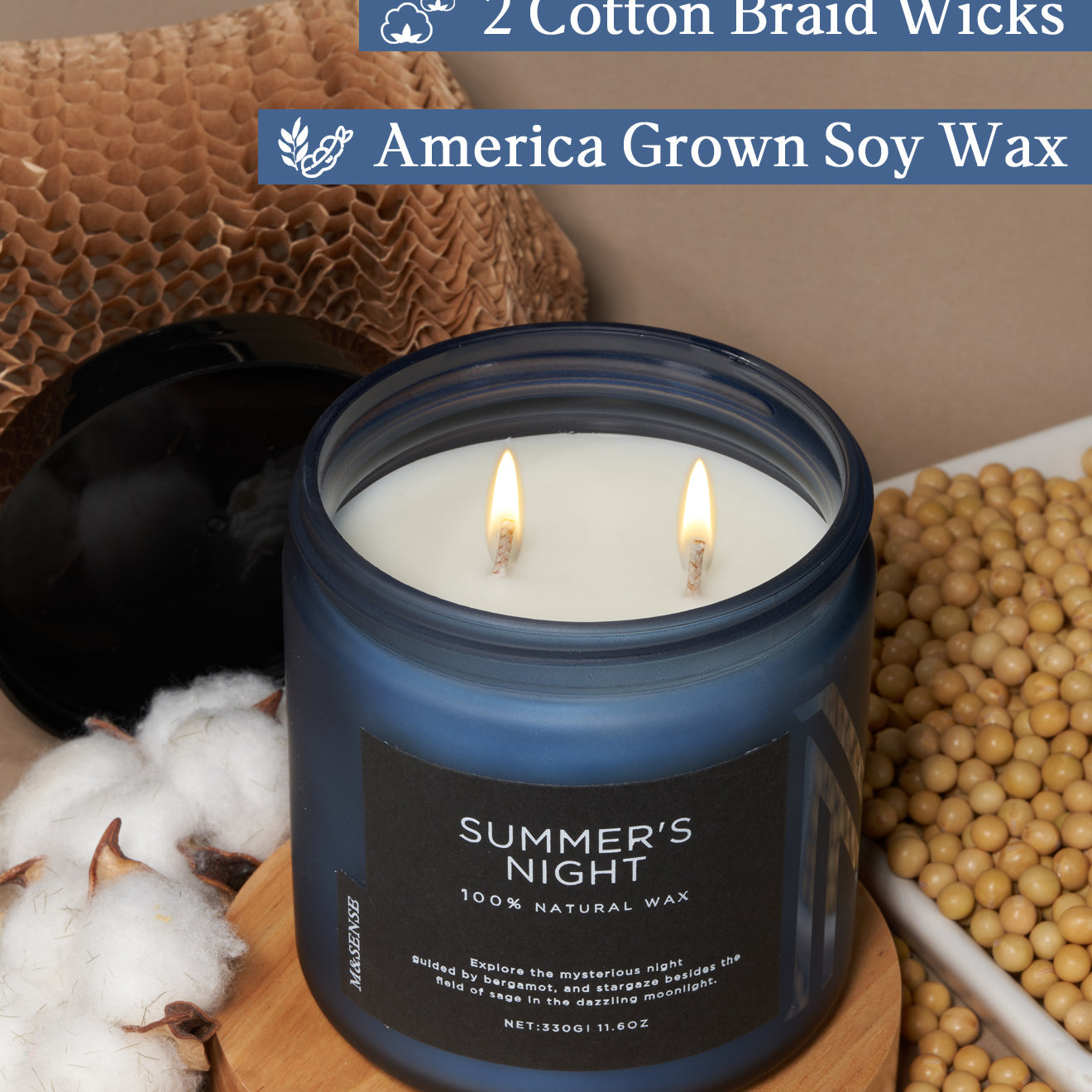 Summer's Night candle with soy wax and cotton wick, shown with cotton, soybeans, and recyclable packaging.