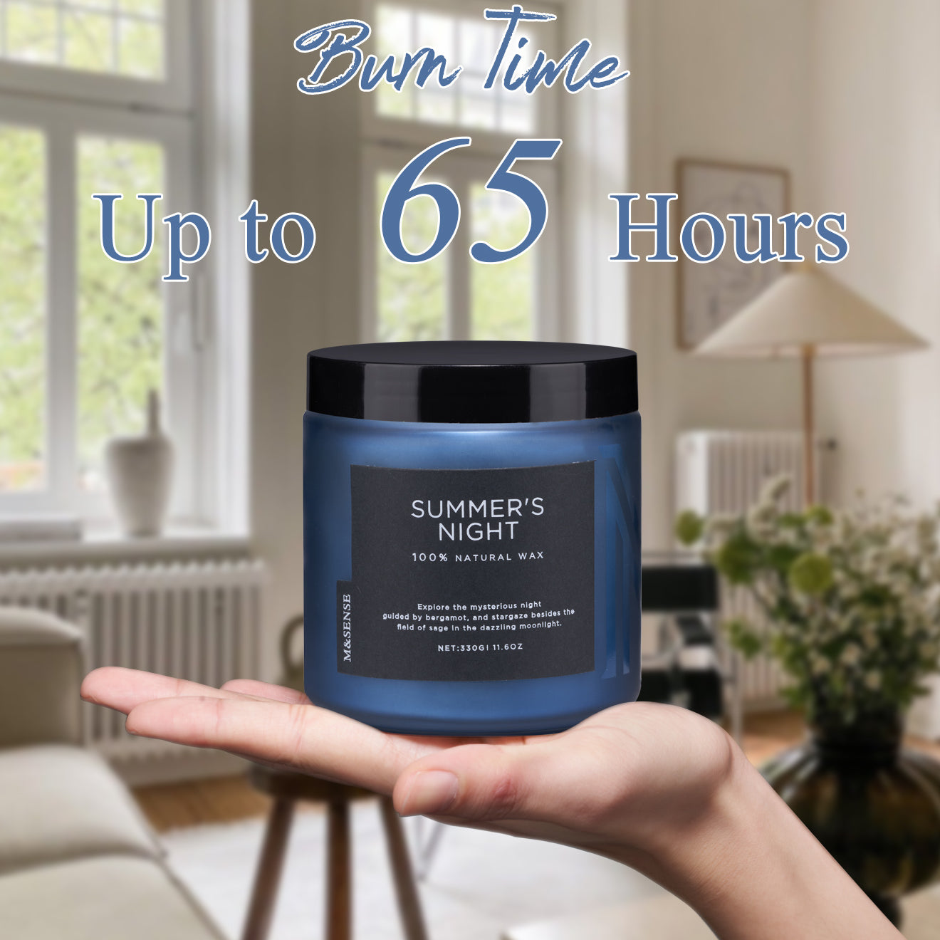 summer's night scented candle held in a palm, showcasing its 65-hour maximum burn time.