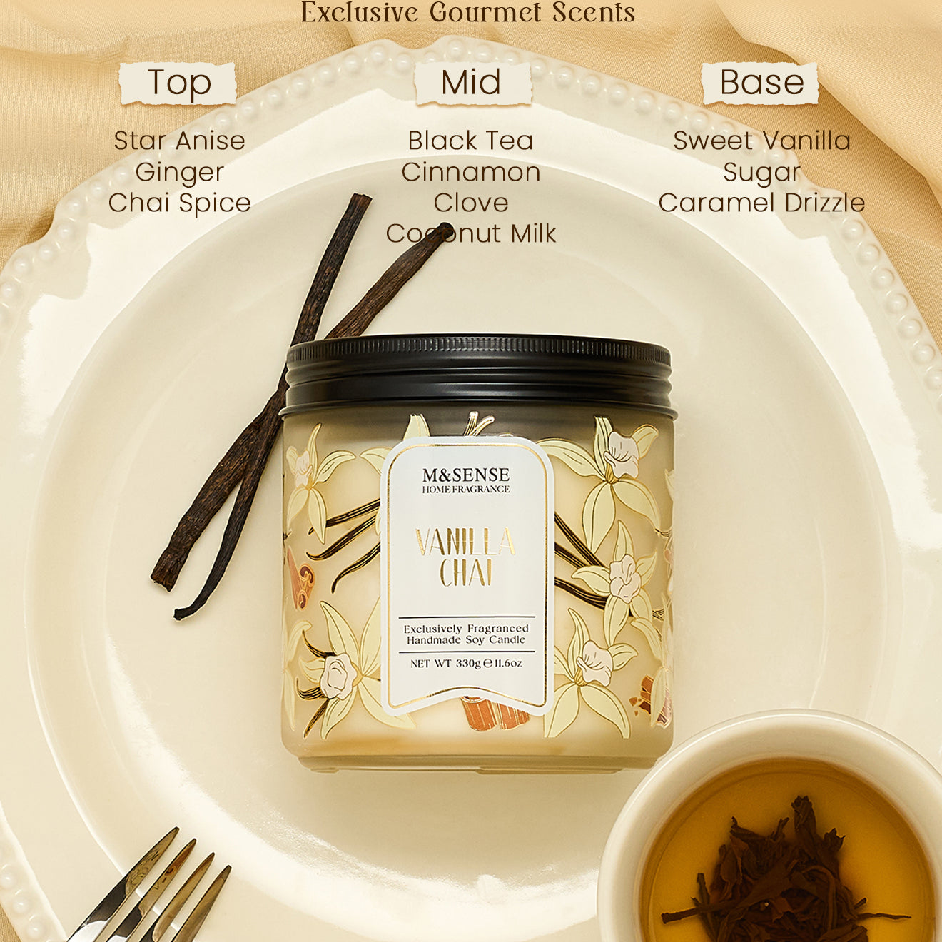 Vanilla Chai candle with flavor profile elements on a beige background