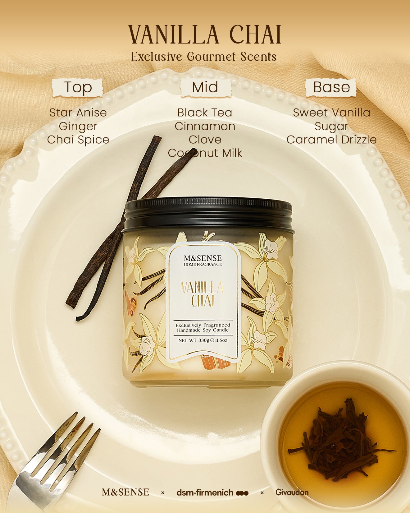 Vanilla Chai candle with flavor profile elements on a beige background