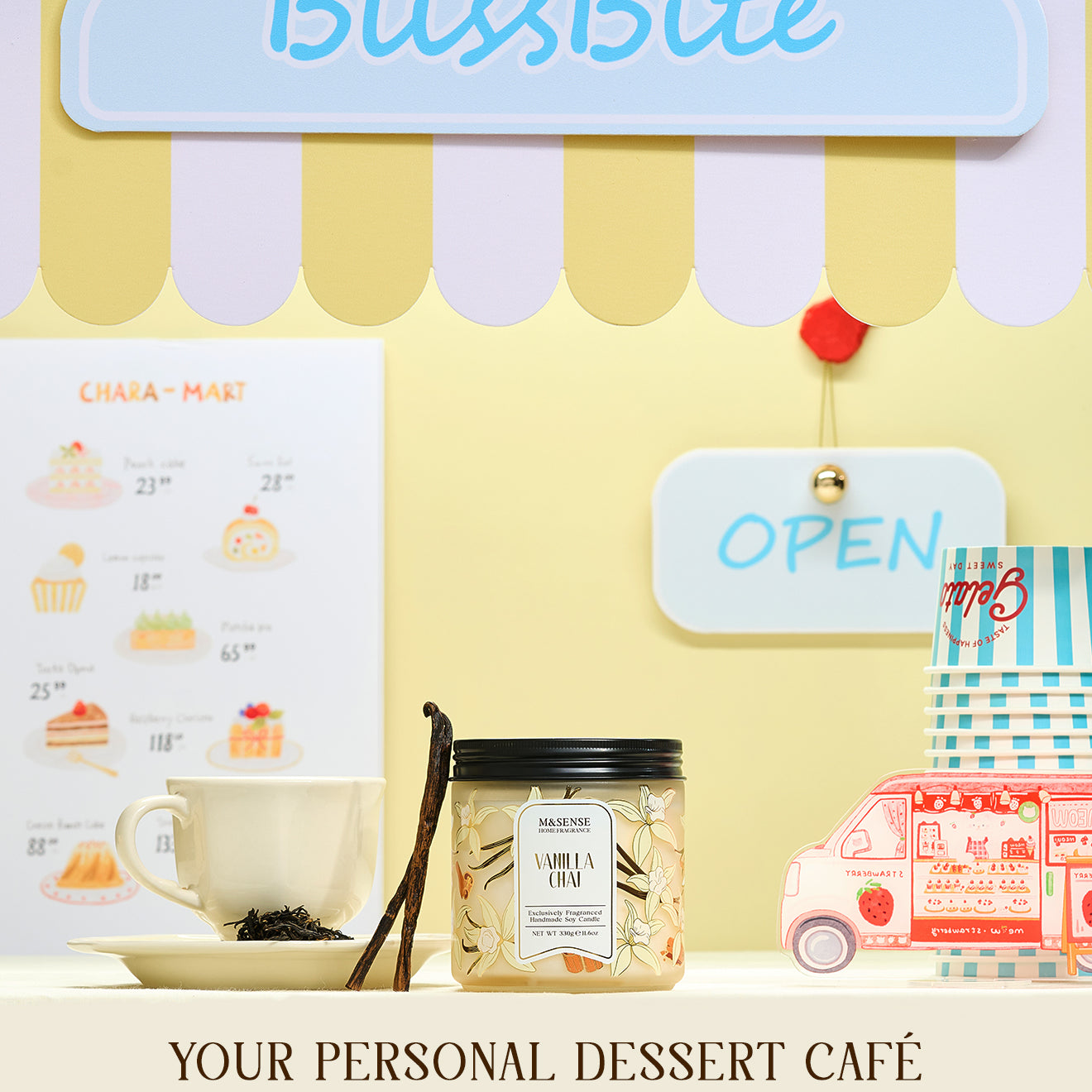 BlissBite product with a dessert-themed background and 'Open' sign