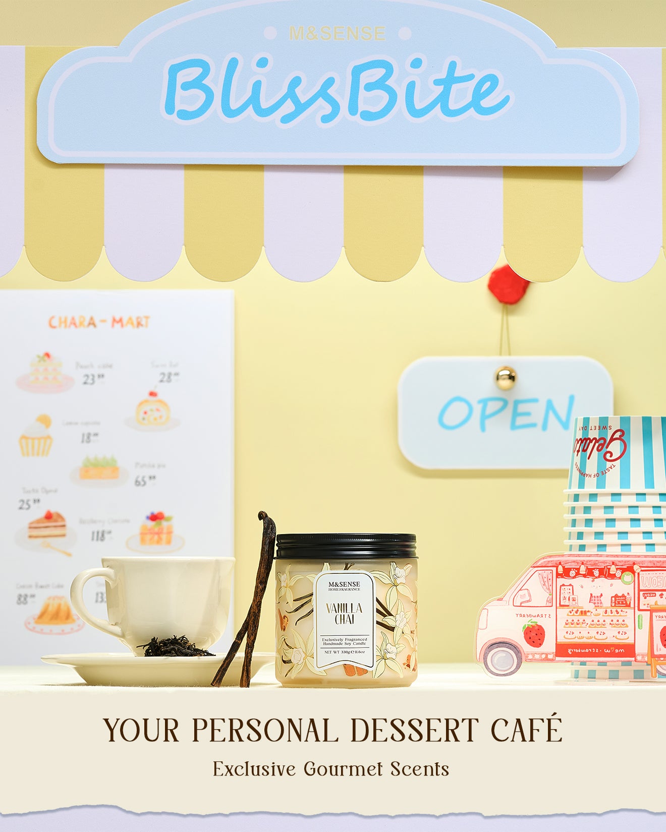 BlissBite product with a dessert-themed background and 'Open' sign