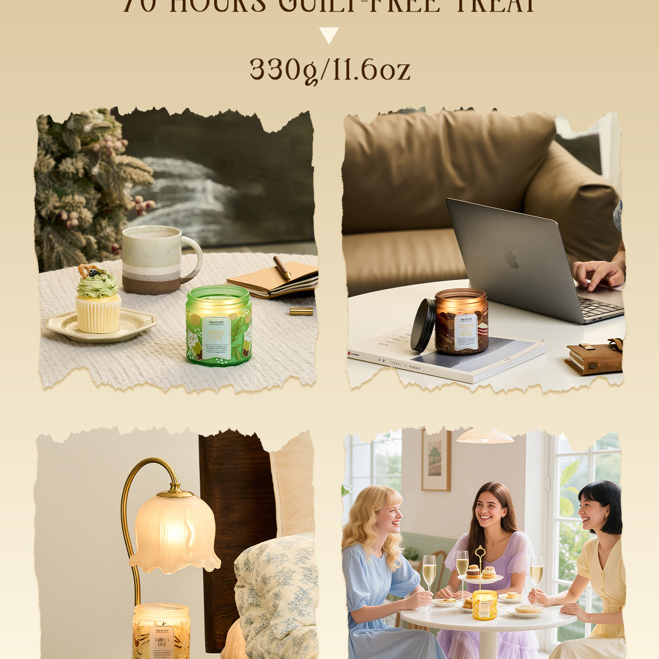 Collage of a cozy living room with a laptop, candles, and people enjoying a dessert.