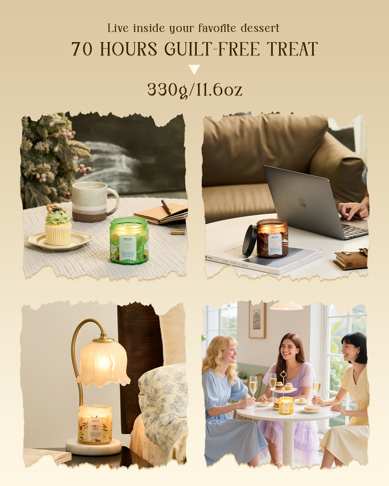 Collage of a cozy living room with a laptop, candles, and people enjoying a dessert.