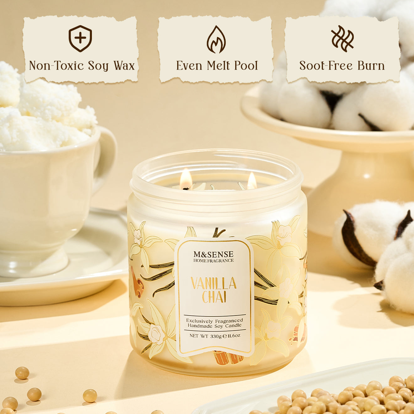 Candle with 'M&SENSE' branding on a surface with ingredients and text about burn characteristics.