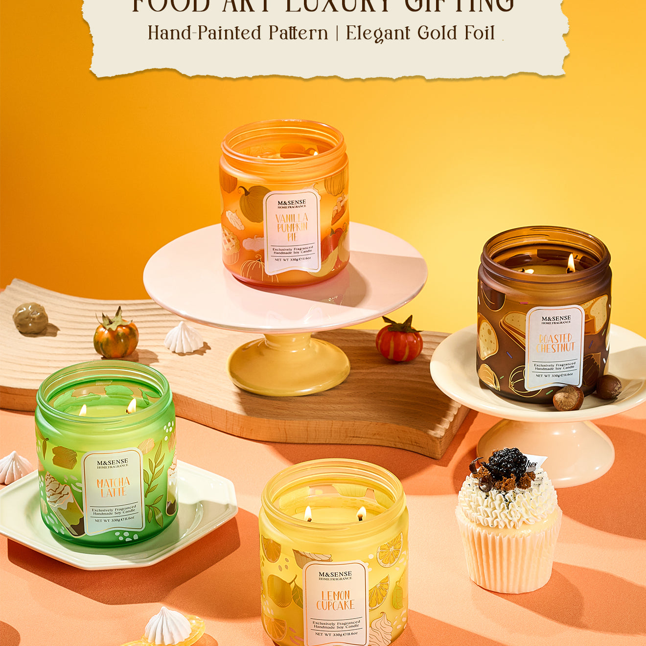 Four lit candles on a decorative table with a yellow background, featuring 'Food Art Luxury Gifting' text.