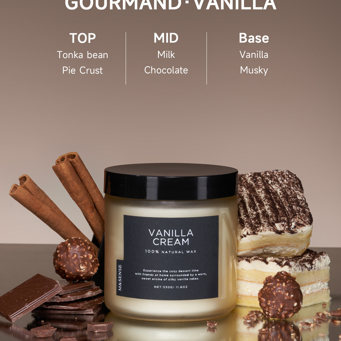Vanilla Cream scented candle with chocolate, cinnamon sticks, and gourmet desserts, gourmand vanilla fragrance