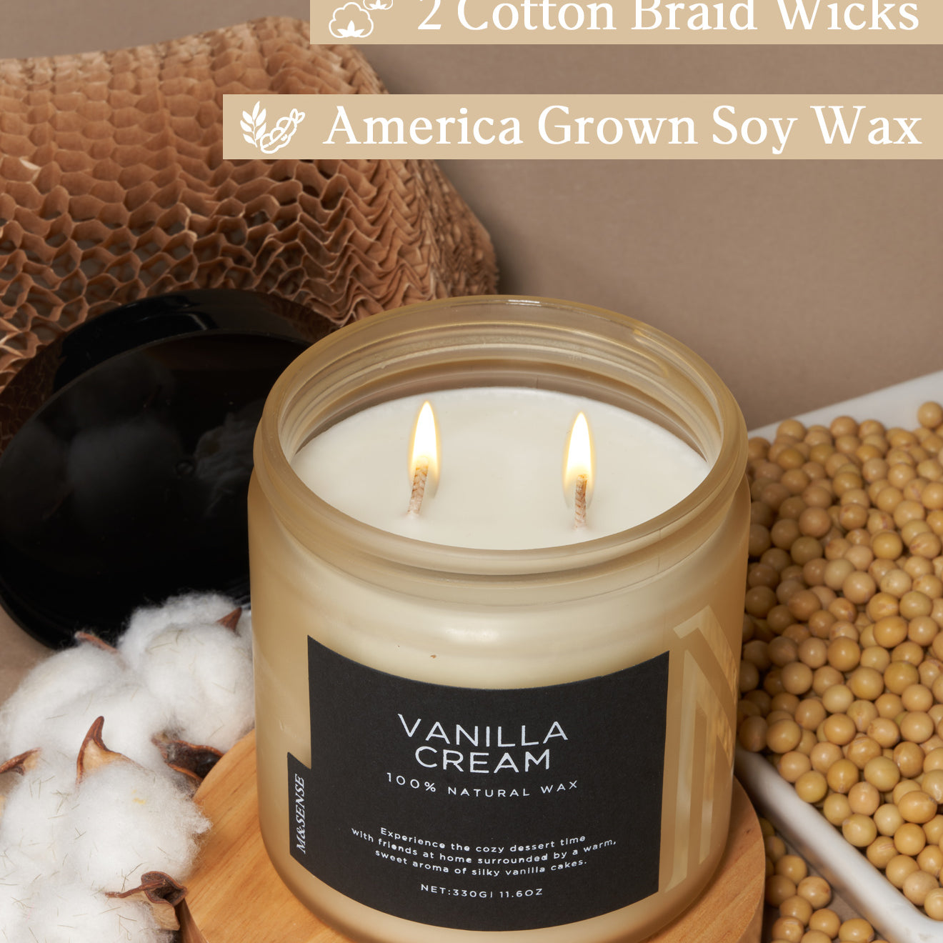 Natural Vanilla Cream soy wax candle with cotton wick, shown with raw materials to highlight its eco-friendly composition.