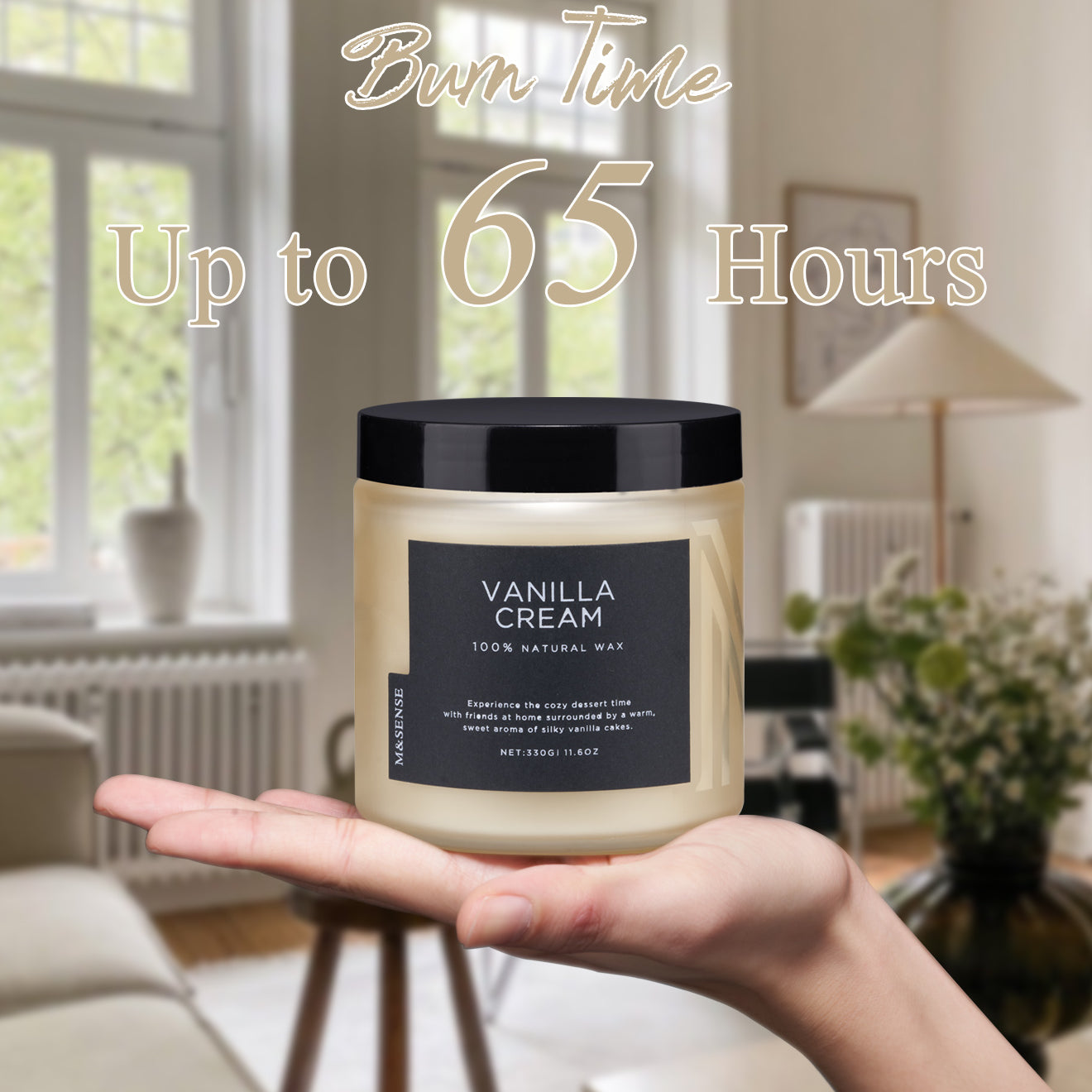 Hand holding a Vanilla Cream candle with a 65-hour burn time, showcasing its creamy scent and natural wax.