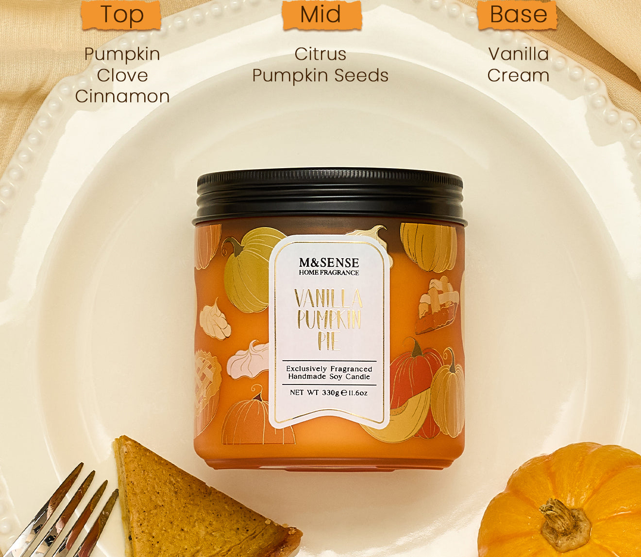 Vanilla pumpkin pie candle with ingredients listed on a plate with a slice of pie and pumpkin.