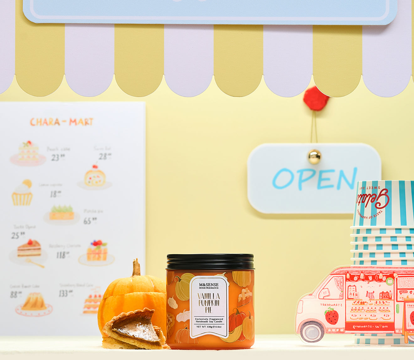 BlissBite dessert-themed product with a 'Open' sign and dessert illustrations on a yellow background.