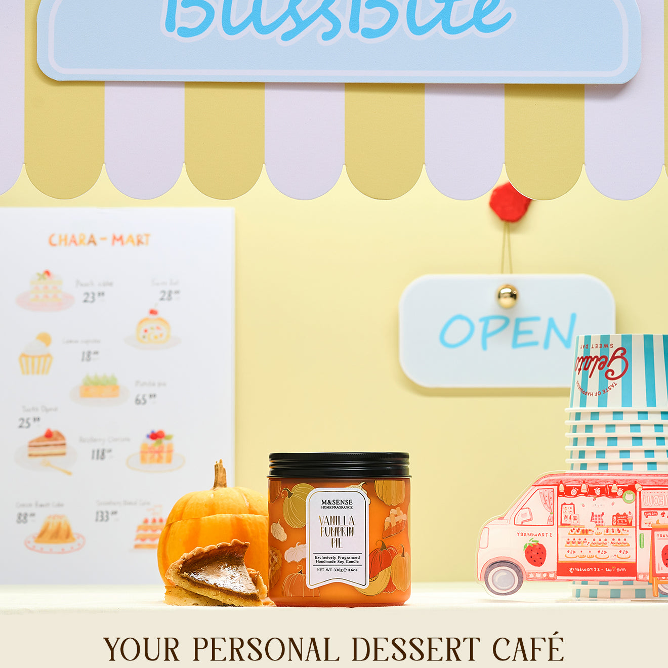 BlissBite dessert-themed product with a 'Open' sign and dessert illustrations on a yellow background.