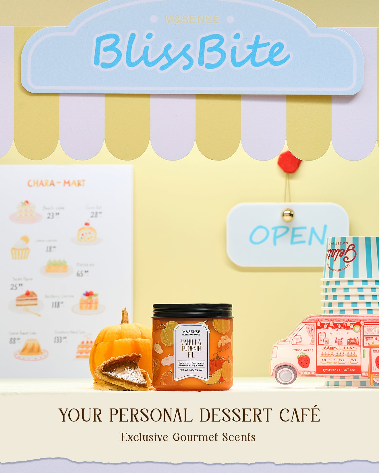 BlissBite dessert-themed product with a 'Open' sign and dessert illustrations on a yellow background.