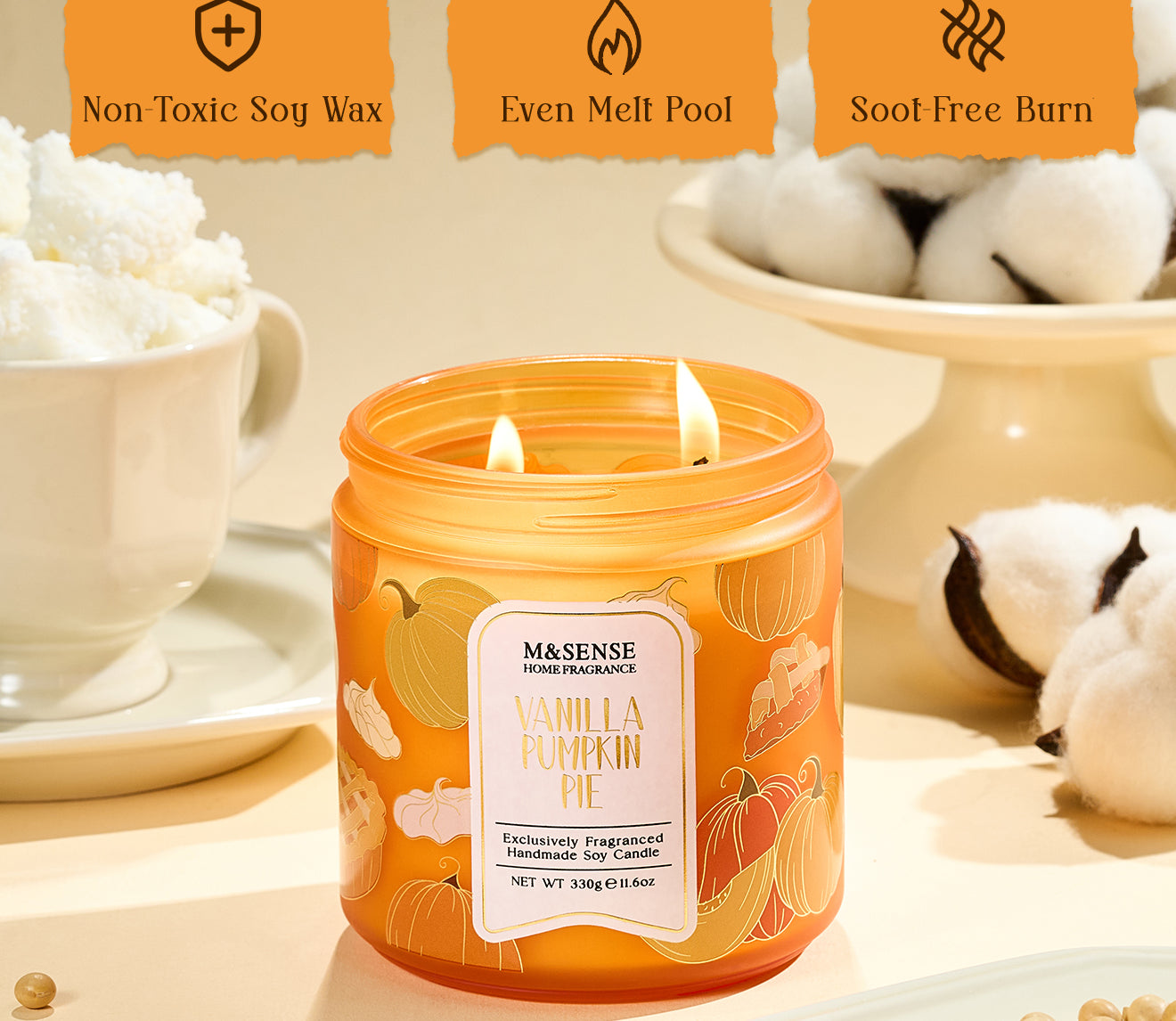 Candle with 'M&Sence' branding on a neutral background with text about burn characteristics.