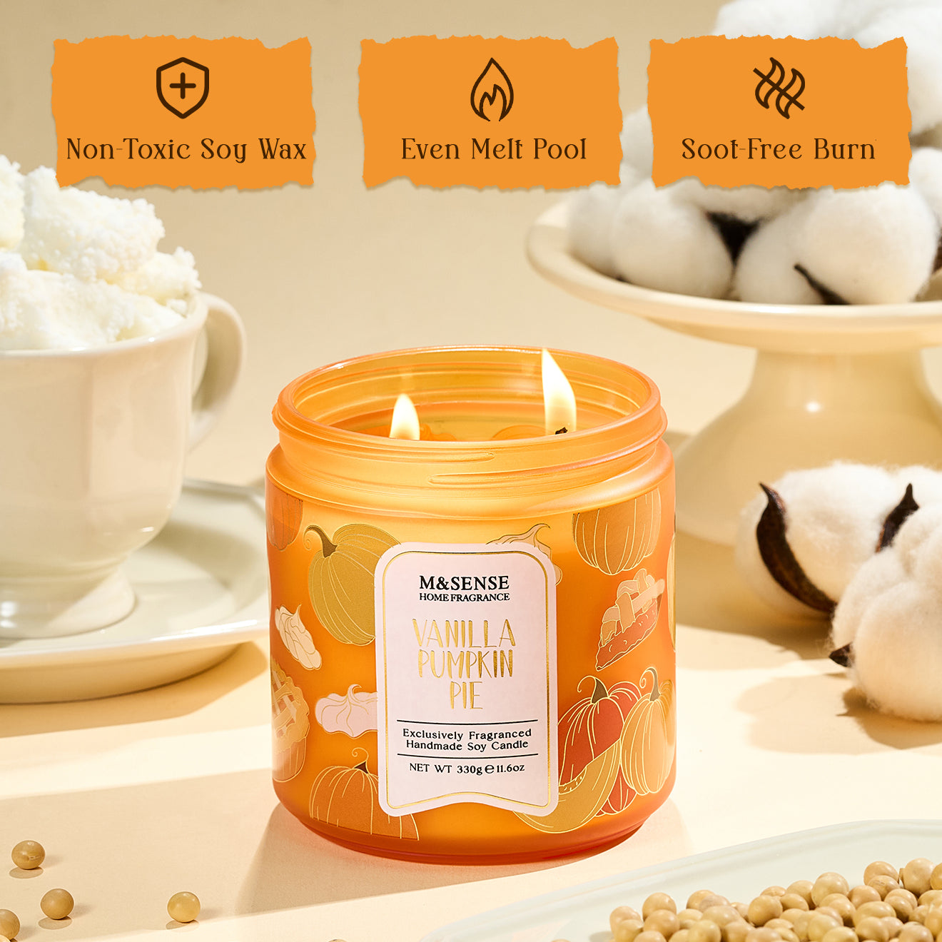 Candle with 'M&Sence' branding on a neutral background with text about burn characteristics.