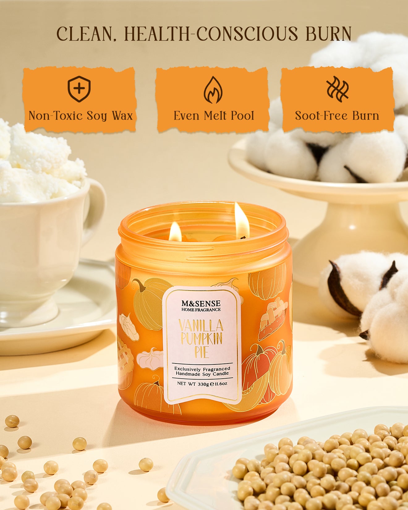 Candle with 'M&Sence' branding on a neutral background with text about burn characteristics.