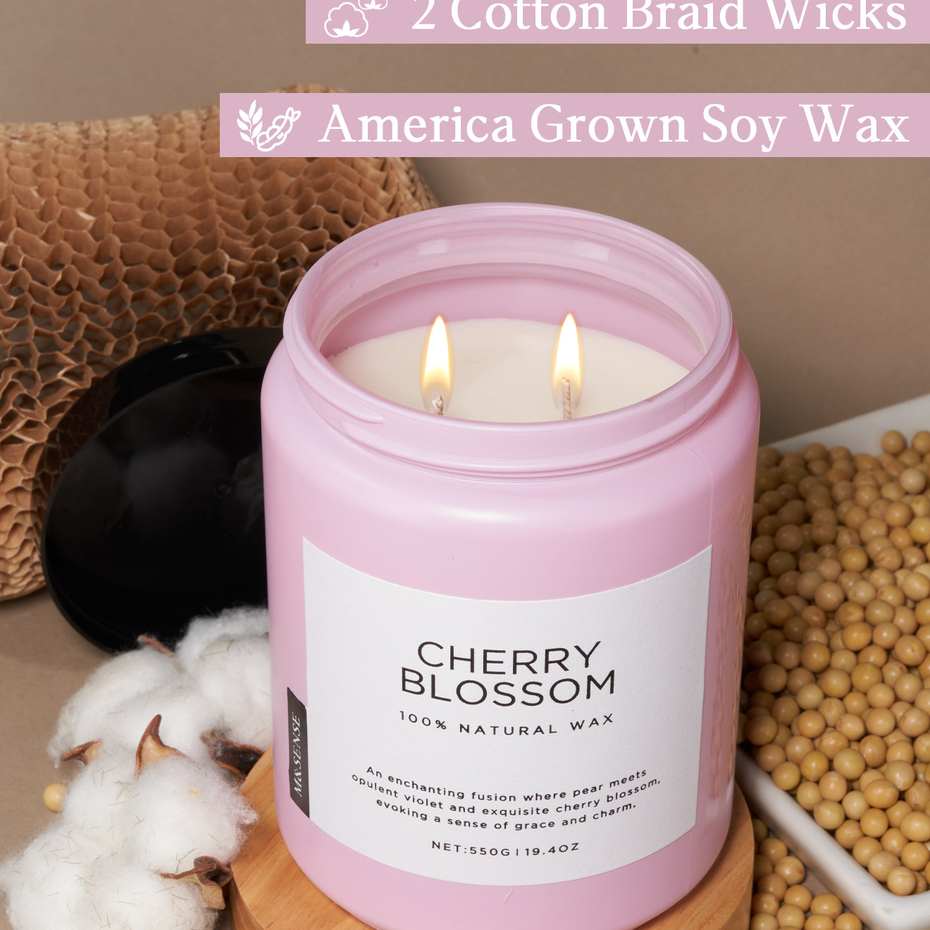 Cherry Blossom candle with soy wax and cotton wick, shown with cotton, soybeans, and recyclable packaging.