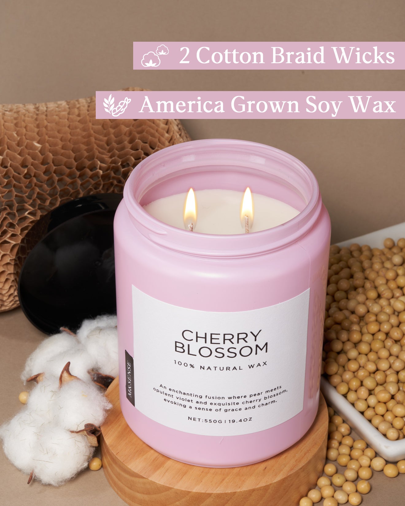 Cherry Blossom candle with soy wax and cotton wick, shown with cotton, soybeans, and recyclable packaging.