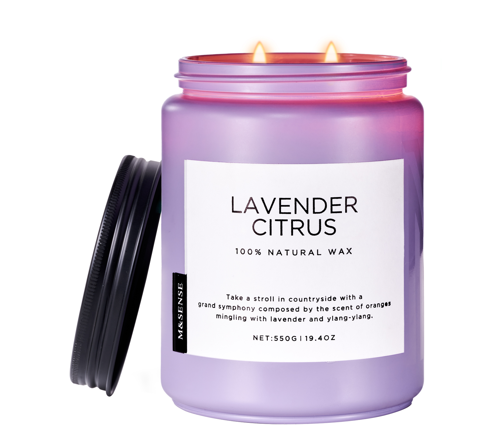 Purple candle with a label indicating 'Lavender Citrus' fragrance on a white background