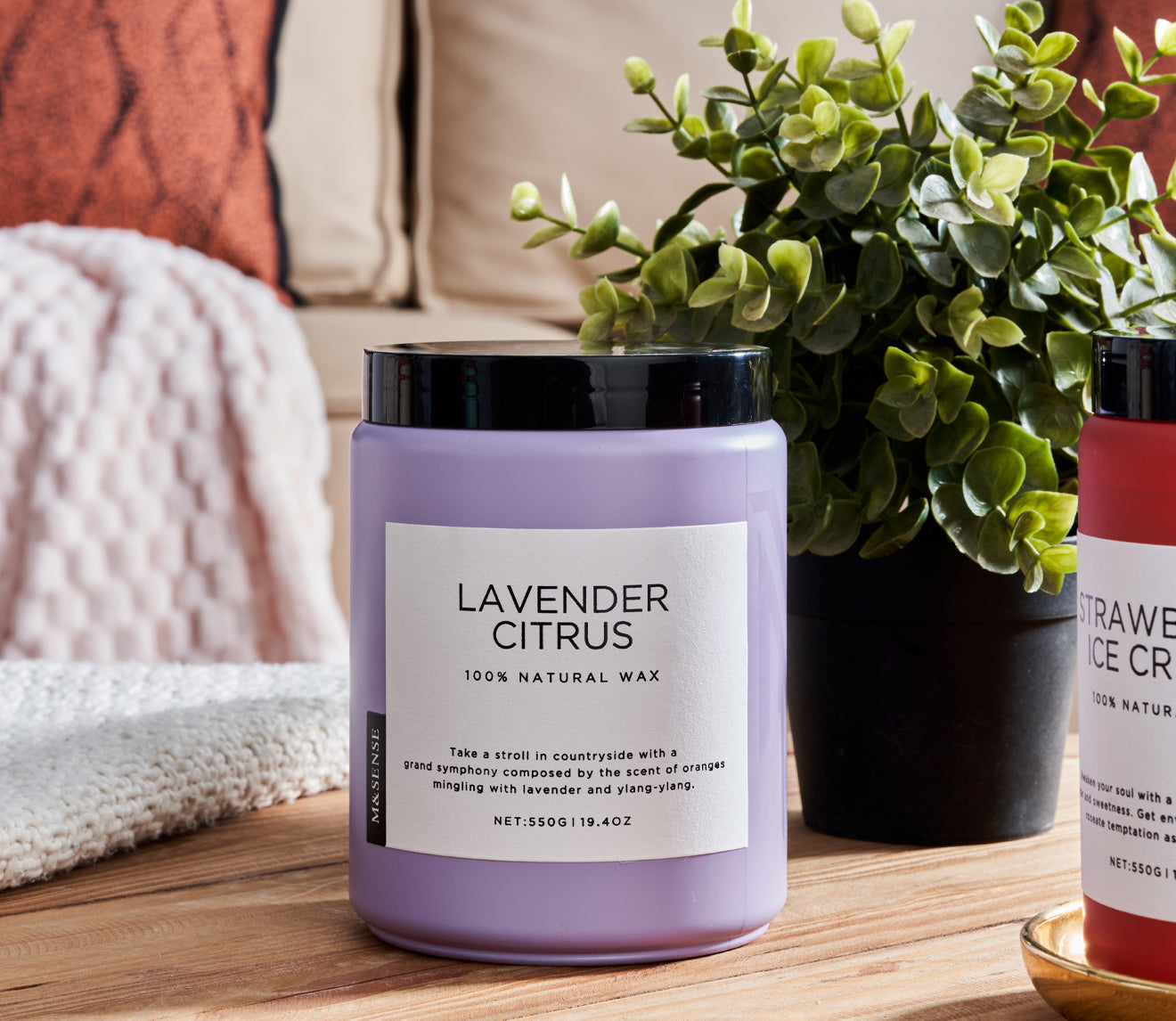 Lavender Citurs scented candle on a wooden table with a green plant, against a sofa background.