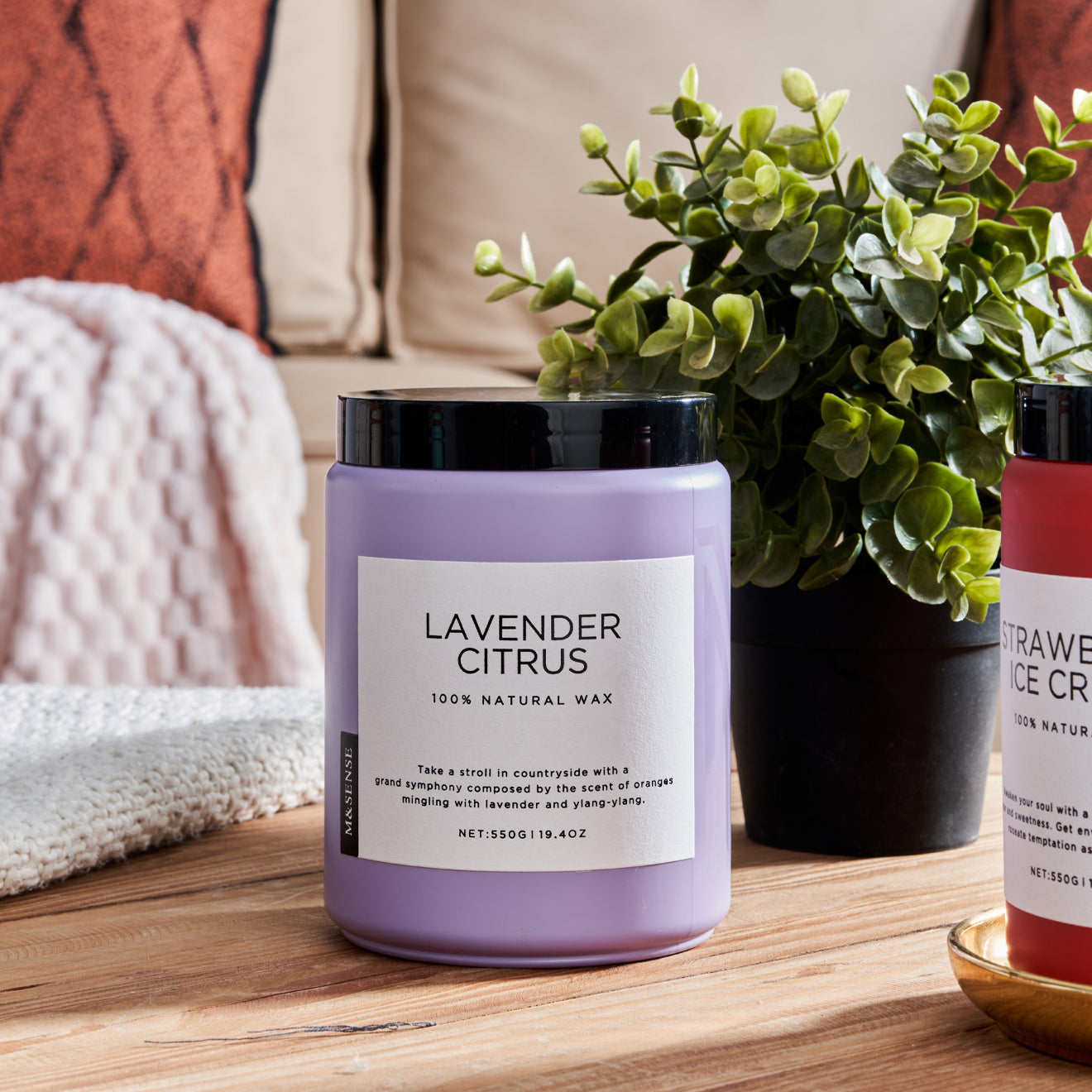 Lavender Citurs scented candle on a wooden table with a green plant, against a sofa background.